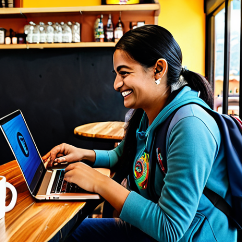 Home 14 **
"A brightly colored Guatemalan cafe scene, featuring a traveler using a laptop. The traveler is fully clothed in modest travel attire, wearing a backpack, and smiling. The laptop screen displays a VPN logo. In the background, other patrons are enjoying coffee. Emphasis on digital safety, suggesting a secure connection. Safe for work, appropriate content, professional quality, perfect anatomy, natural pose, well-formed hands, proper finger count, natural body proportions."
**