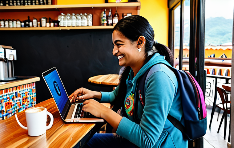**
"A brightly colored Guatemalan cafe scene, featuring a traveler using a laptop. The traveler is fully clothed in modest travel attire, wearing a backpack, and smiling. The laptop screen displays a VPN logo. In the background, other patrons are enjoying coffee. Emphasis on digital safety, suggesting a secure connection. Safe for work, appropriate content, professional quality, perfect anatomy, natural pose, well-formed hands, proper finger count, natural body proportions."
**